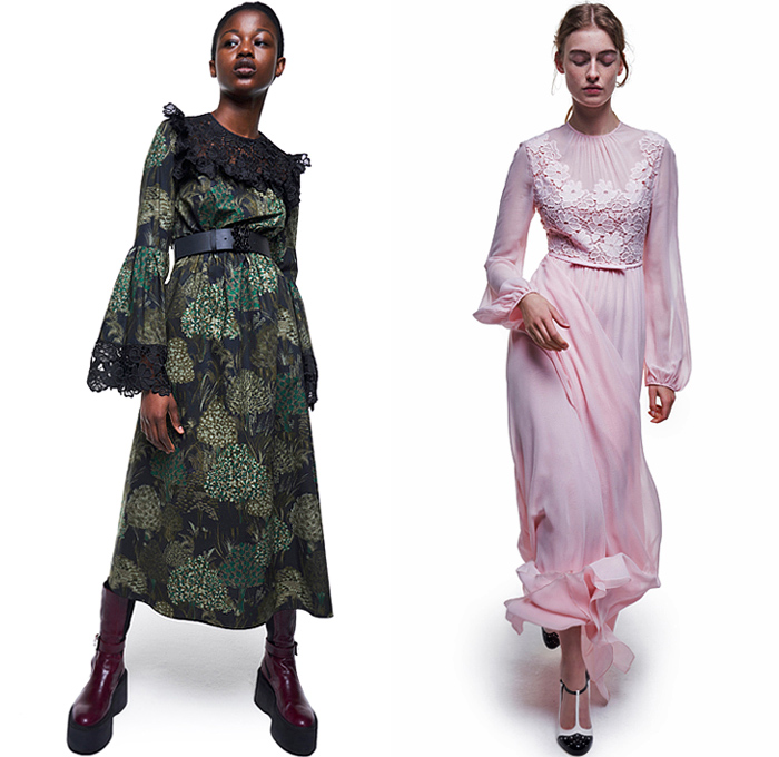 Giambattista Valli 2021 Pre-Fall Autumn Womens Lookbook Presentation - Police Hat Peaked Cap Racing Check Denim Jeans Jacket Shirtdress Camouflage Knit Turtleneck Sweater Cardigan Puffer Coat Ribbon Flowers Floral Trees Prairie Damsel Dress Tweed Blazer Vest Sheer Tulle Chiffon Paisley Blouse Ruffles Lace Embroidery Strapless Pockets Coatdress Sailor Skirt Miniskirt Cutoffs Shorts Camisole Nightgown Polka Dots Goddess Gown Tied Knot Twist Fishnet Stockings Tote Handbag Boots Loafers