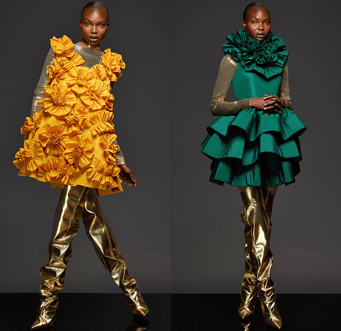 Greta Constantine 2021-2022 Fall Autumn Winter Womens Lookbook Presentation - Trompe L'oeil Flowers Floral Embroidery Voluminous Ruffles Frills Tiered Layers Draped Mesh Bedazzled Sequins Silk Satin Blouse Butterfly Shoulders Poufy Puff Sleeves Asymmetrical One Shoulder Strapless Mullet High-Low Hem Oversized Big Bow Puff Ball Cocktail Party Dress Gown Midi Skirt Wide Leg Palazzo Pants Gold Thigh High Boots