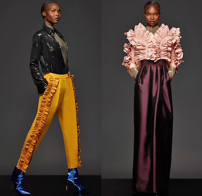 Greta Constantine 2021-2022 Fall Autumn Winter Womens Lookbook Presentation - Trompe L'oeil Flowers Floral Embroidery Voluminous Ruffles Frills Tiered Layers Draped Mesh Bedazzled Sequins Silk Satin Blouse Butterfly Shoulders Poufy Puff Sleeves Asymmetrical One Shoulder Strapless Mullet High-Low Hem Oversized Big Bow Puff Ball Cocktail Party Dress Gown Midi Skirt Wide Leg Palazzo Pants Gold Thigh High Boots