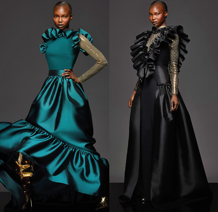 Greta Constantine 2021-2022 Fall Autumn Winter Womens Lookbook Presentation - Trompe L'oeil Flowers Floral Embroidery Voluminous Ruffles Frills Tiered Layers Draped Mesh Bedazzled Sequins Silk Satin Blouse Butterfly Shoulders Poufy Puff Sleeves Asymmetrical One Shoulder Strapless Mullet High-Low Hem Oversized Big Bow Puff Ball Cocktail Party Dress Gown Midi Skirt Wide Leg Palazzo Pants Gold Thigh High Boots