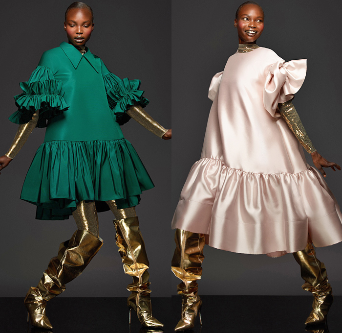 Greta Constantine 2021-2022 Fall Autumn Winter Womens Lookbook Presentation - Trompe L'oeil Flowers Floral Embroidery Voluminous Ruffles Frills Tiered Layers Draped Mesh Bedazzled Sequins Silk Satin Blouse Butterfly Shoulders Poufy Puff Sleeves Asymmetrical One Shoulder Strapless Mullet High-Low Hem Oversized Big Bow Puff Ball Cocktail Party Dress Gown Midi Skirt Wide Leg Palazzo Pants Gold Thigh High Boots