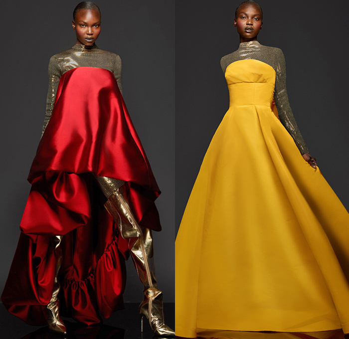 Greta Constantine 2021-2022 Fall Autumn Winter Womens Lookbook Presentation - Trompe L'oeil Flowers Floral Embroidery Voluminous Ruffles Frills Tiered Layers Draped Mesh Bedazzled Sequins Silk Satin Blouse Butterfly Shoulders Poufy Puff Sleeves Asymmetrical One Shoulder Strapless Mullet High-Low Hem Oversized Big Bow Puff Ball Cocktail Party Dress Gown Midi Skirt Wide Leg Palazzo Pants Gold Thigh High Boots