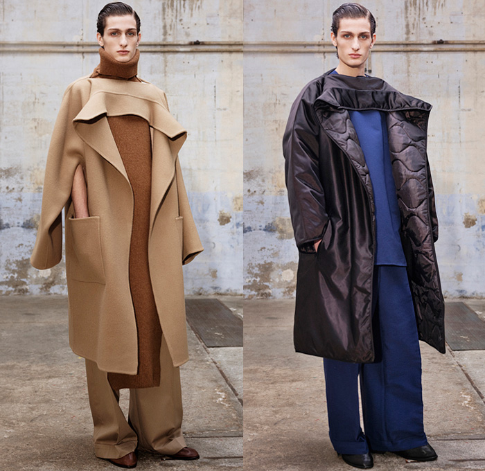 Hed Mayner 2021-2022 Fall Autumn Winter Mens Lookbook Presentation - Paris Fashion Week Mens Homme Automne Hiver - Oversized Knit Turtleneck Sweater Cutout Front Peel Away Coat Draped Shawl Long Bib Quilted Puffer Peacoat Wool Dry Tweed Houndstooth Bloated Sleeves Frankenstein Strong Shoulders Suit Blazer Denim Jeans Cape Wide Leg Baggy Balloon Tapered Pants Tucked In Boots Fez Cap