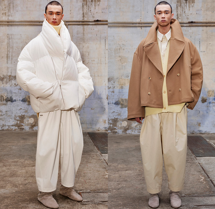 Hed Mayner 2021-2022 Fall Autumn Winter Mens Lookbook Presentation - Paris Fashion Week Mens Homme Automne Hiver - Oversized Knit Turtleneck Sweater Cutout Front Peel Away Coat Draped Shawl Long Bib Quilted Puffer Peacoat Wool Dry Tweed Houndstooth Bloated Sleeves Frankenstein Strong Shoulders Suit Blazer Denim Jeans Cape Wide Leg Baggy Balloon Tapered Pants Tucked In Boots Fez Cap