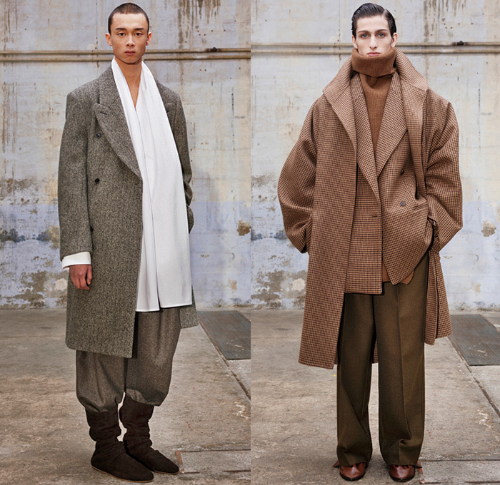 Hed Mayner 2021-2022 Fall Autumn Winter Mens Lookbook Presentation - Paris Fashion Week Mens Homme Automne Hiver - Oversized Knit Turtleneck Sweater Cutout Front Peel Away Coat Draped Shawl Long Bib Quilted Puffer Peacoat Wool Dry Tweed Houndstooth Bloated Sleeves Frankenstein Strong Shoulders Suit Blazer Denim Jeans Cape Wide Leg Baggy Balloon Tapered Pants Tucked In Boots Fez Cap