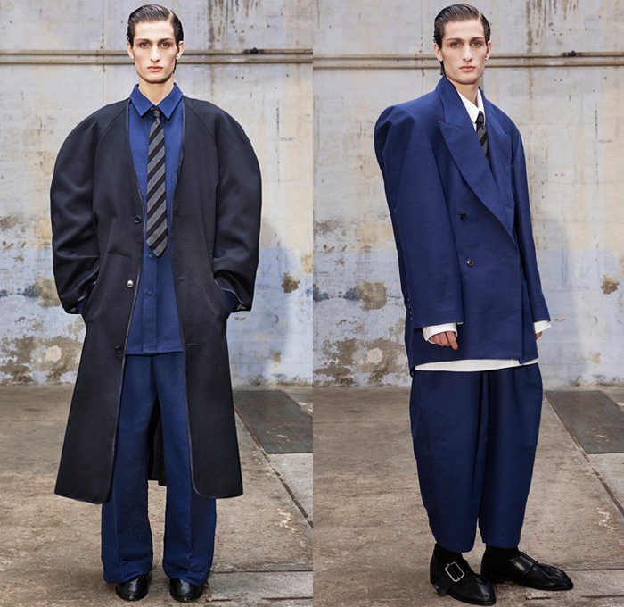 Hed Mayner 2021-2022 Fall Autumn Winter Mens Lookbook Presentation - Paris Fashion Week Mens Homme Automne Hiver - Oversized Knit Turtleneck Sweater Cutout Front Peel Away Coat Draped Shawl Long Bib Quilted Puffer Peacoat Wool Dry Tweed Houndstooth Bloated Sleeves Frankenstein Strong Shoulders Suit Blazer Denim Jeans Cape Wide Leg Baggy Balloon Tapered Pants Tucked In Boots Fez Cap