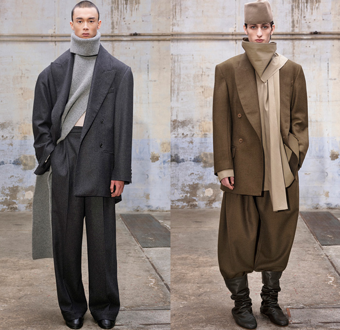 Hed Mayner 2021-2022 Fall Autumn Winter Mens Lookbook Presentation - Paris Fashion Week Mens Homme Automne Hiver - Oversized Knit Turtleneck Sweater Cutout Front Peel Away Coat Draped Shawl Long Bib Quilted Puffer Peacoat Wool Dry Tweed Houndstooth Bloated Sleeves Frankenstein Strong Shoulders Suit Blazer Denim Jeans Cape Wide Leg Baggy Balloon Tapered Pants Tucked In Boots Fez Cap