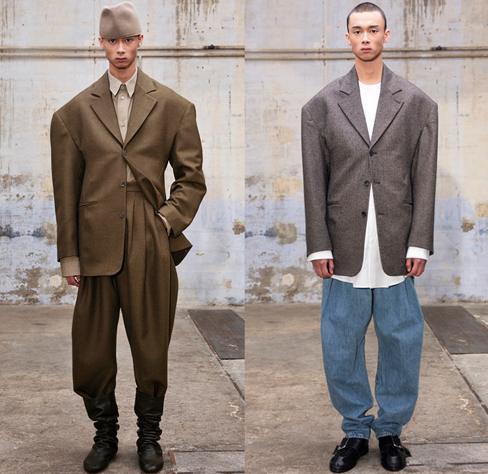 Hed Mayner 2021-2022 Fall Autumn Winter Mens Lookbook Presentation - Paris Fashion Week Mens Homme Automne Hiver - Oversized Knit Turtleneck Sweater Cutout Front Peel Away Coat Draped Shawl Long Bib Quilted Puffer Peacoat Wool Dry Tweed Houndstooth Bloated Sleeves Frankenstein Strong Shoulders Suit Blazer Denim Jeans Cape Wide Leg Baggy Balloon Tapered Pants Tucked In Boots Fez Cap