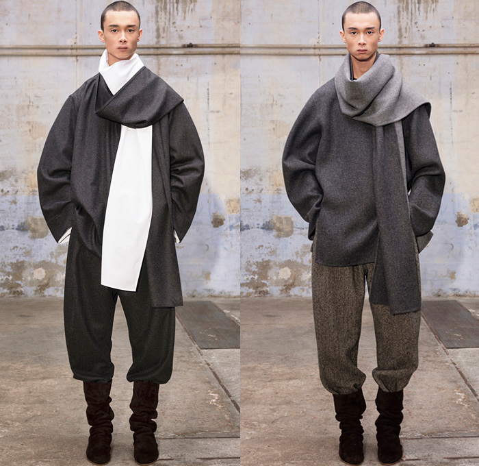 Hed Mayner 2021-2022 Fall Autumn Winter Mens Lookbook Presentation - Paris Fashion Week Mens Homme Automne Hiver - Oversized Knit Turtleneck Sweater Cutout Front Peel Away Coat Draped Shawl Long Bib Quilted Puffer Peacoat Wool Dry Tweed Houndstooth Bloated Sleeves Frankenstein Strong Shoulders Suit Blazer Denim Jeans Cape Wide Leg Baggy Balloon Tapered Pants Tucked In Boots Fez Cap