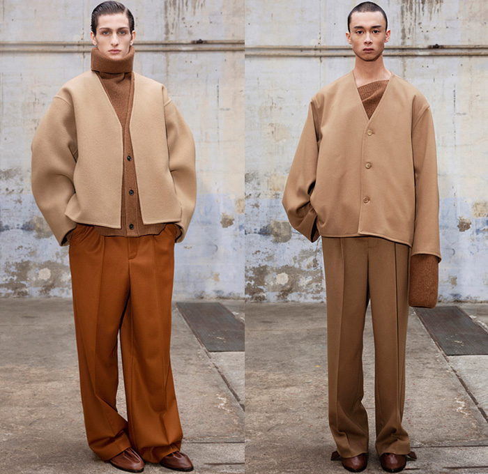 Hed Mayner 2021-2022 Fall Autumn Winter Mens Lookbook Presentation - Paris Fashion Week Mens Homme Automne Hiver - Oversized Knit Turtleneck Sweater Cutout Front Peel Away Coat Draped Shawl Long Bib Quilted Puffer Peacoat Wool Dry Tweed Houndstooth Bloated Sleeves Frankenstein Strong Shoulders Suit Blazer Denim Jeans Cape Wide Leg Baggy Balloon Tapered Pants Tucked In Boots Fez Cap