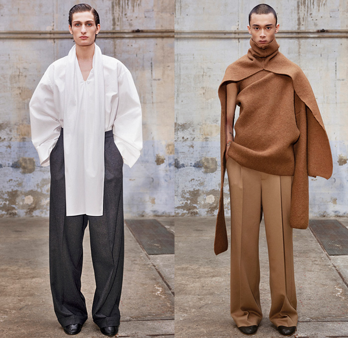 Hed Mayner 2021-2022 Fall Autumn Winter Mens Lookbook Presentation - Paris Fashion Week Mens Homme Automne Hiver - Oversized Knit Turtleneck Sweater Cutout Front Peel Away Coat Draped Shawl Long Bib Quilted Puffer Peacoat Wool Dry Tweed Houndstooth Bloated Sleeves Frankenstein Strong Shoulders Suit Blazer Denim Jeans Cape Wide Leg Baggy Balloon Tapered Pants Tucked In Boots Fez Cap