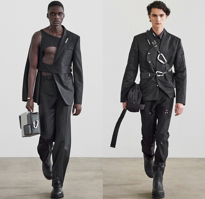 Heliot Emil 2021-2022 Fall Autumn Winter Mens Runway Looks - Paris Fashion Week Femme PFW - Unstable Equilibrium - Deconstructed Harness Straps Carabiner Hooks Drawstring Asymmetrical Suit Blazer Cutout Grommets Holes Quilted Puffer Vest Coat Wrap Patchwork Anorak Aviator Jacket Knit Sweater Hoodie Hat Ski Mask Briefcase Lunch Box Handbag Tote Swamp Boots