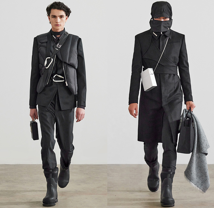 Heliot Emil 2021-2022 Fall Autumn Winter Mens Runway Looks - Paris Fashion Week Femme PFW - Unstable Equilibrium - Deconstructed Harness Straps Carabiner Hooks Drawstring Asymmetrical Suit Blazer Cutout Grommets Holes Quilted Puffer Vest Coat Wrap Patchwork Anorak Aviator Jacket Knit Sweater Hoodie Hat Ski Mask Briefcase Lunch Box Handbag Tote Swamp Boots