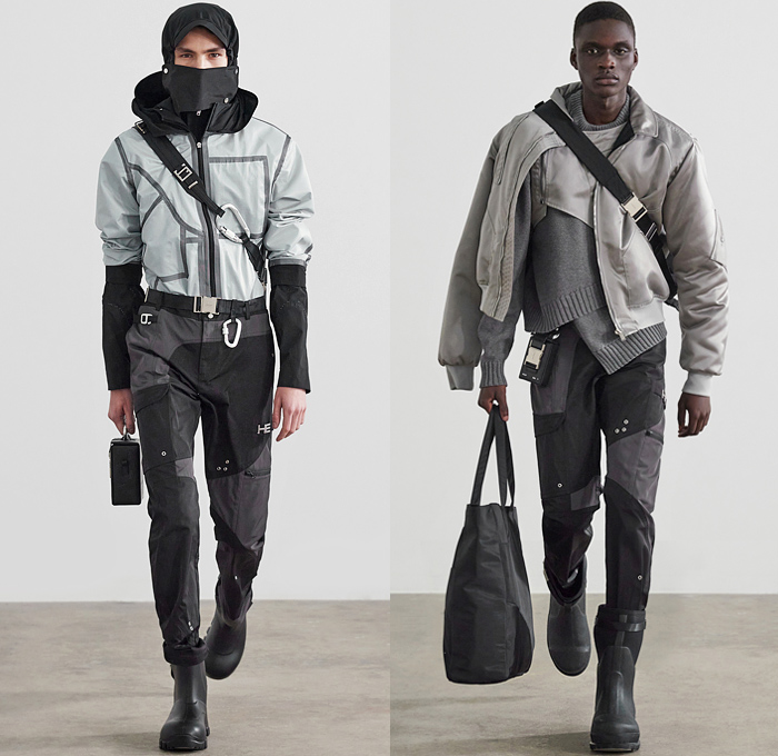 Heliot Emil 2021-2022 Fall Autumn Winter Mens Runway Looks - Paris Fashion Week Femme PFW - Unstable Equilibrium - Deconstructed Harness Straps Carabiner Hooks Drawstring Asymmetrical Suit Blazer Cutout Grommets Holes Quilted Puffer Vest Coat Wrap Patchwork Anorak Aviator Jacket Knit Sweater Hoodie Hat Ski Mask Briefcase Lunch Box Handbag Tote Swamp Boots