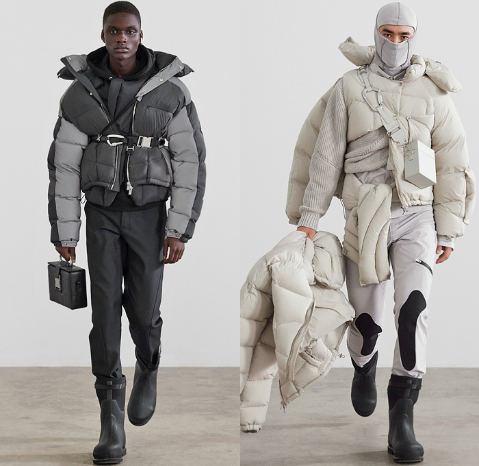 Heliot Emil 2021-2022 Fall Autumn Winter Mens Runway Looks - Paris Fashion Week Femme PFW - Unstable Equilibrium - Deconstructed Harness Straps Carabiner Hooks Drawstring Asymmetrical Suit Blazer Cutout Grommets Holes Quilted Puffer Vest Coat Wrap Patchwork Anorak Aviator Jacket Knit Sweater Hoodie Hat Ski Mask Briefcase Lunch Box Handbag Tote Swamp Boots
