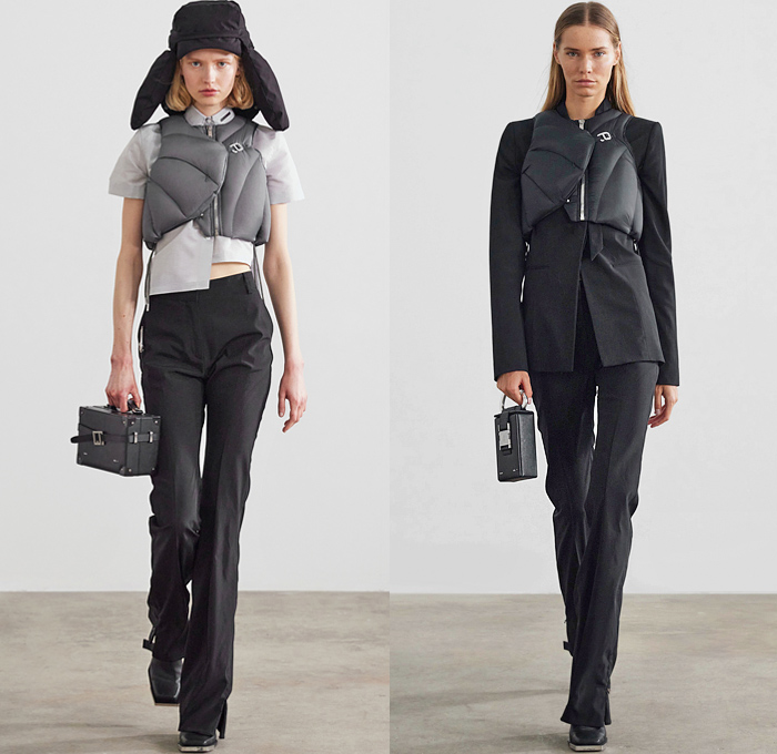 Heliot Emil 2021-2022 Fall Autumn Winter Womens Runway Catwalk Looks - Paris Fashion Week Femme PFW - Unstable Equilibrium - Deconstructed Harness Straps Carabiner Hooks Drawstring Asymmetrical Arm Sleeve Bodycon Dress Bike Cycling Shorts Crop Top Midriff Halterneck Patchwork Blouse Quilted Puffer Vest Pantsuit Leather Coat Blazer Anorak Jacket Miniskirt Cutout Knit Sweater Fur Shearling Tights Leggings Tool Belt Pouch Ear Flaps Field Hat Clutch Handbag Tote Lunch Box Boots