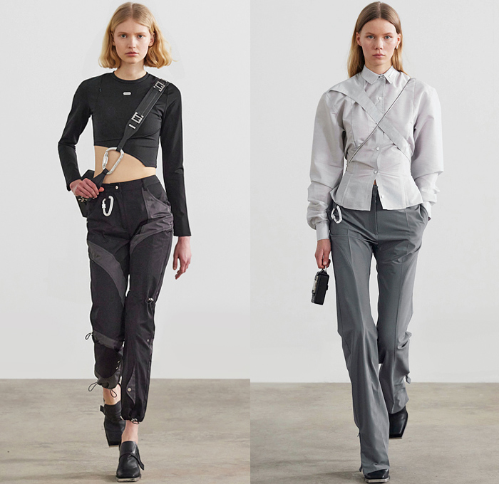 Heliot Emil 2021-2022 Fall Autumn Winter Womens Runway Catwalk Looks - Paris Fashion Week Femme PFW - Unstable Equilibrium - Deconstructed Harness Straps Carabiner Hooks Drawstring Asymmetrical Arm Sleeve Bodycon Dress Bike Cycling Shorts Crop Top Midriff Halterneck Patchwork Blouse Quilted Puffer Vest Pantsuit Leather Coat Blazer Anorak Jacket Miniskirt Cutout Knit Sweater Fur Shearling Tights Leggings Tool Belt Pouch Ear Flaps Field Hat Clutch Handbag Tote Lunch Box Boots