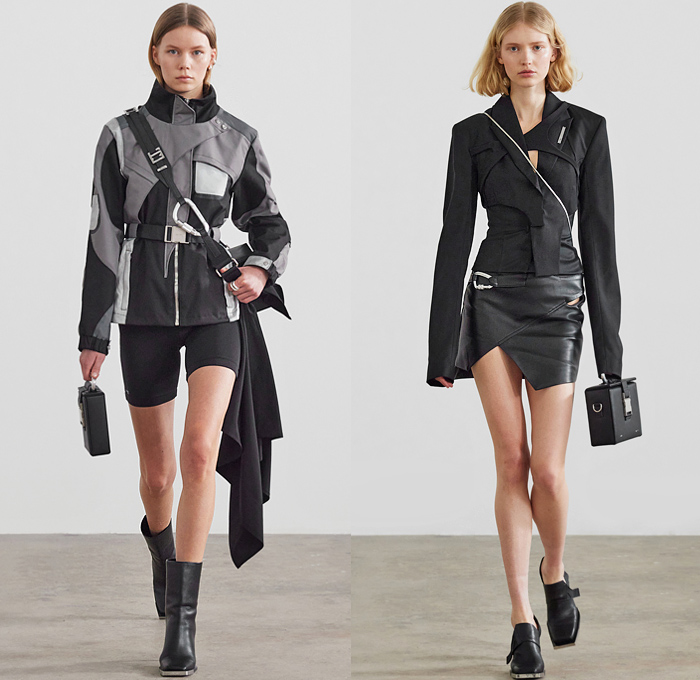 Heliot Emil 2021-2022 Fall Autumn Winter Womens Runway Catwalk Looks - Paris Fashion Week Femme PFW - Unstable Equilibrium - Deconstructed Harness Straps Carabiner Hooks Drawstring Asymmetrical Arm Sleeve Bodycon Dress Bike Cycling Shorts Crop Top Midriff Halterneck Patchwork Blouse Quilted Puffer Vest Pantsuit Leather Coat Blazer Anorak Jacket Miniskirt Cutout Knit Sweater Fur Shearling Tights Leggings Tool Belt Pouch Ear Flaps Field Hat Clutch Handbag Tote Lunch Box Boots