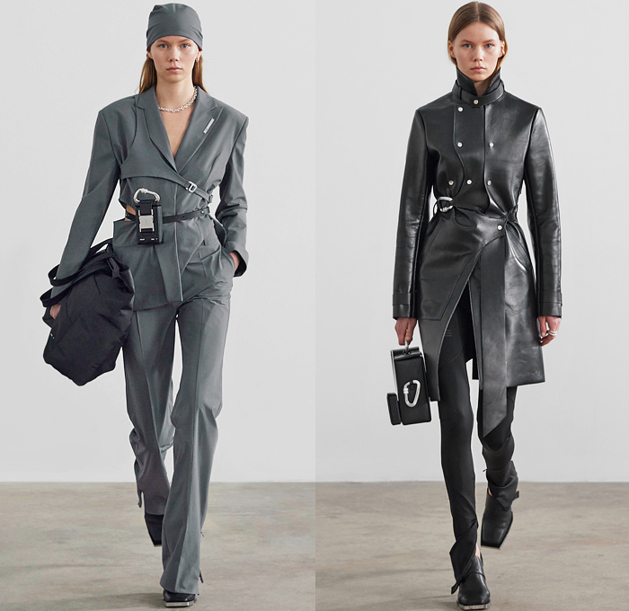 Heliot Emil 2021-2022 Fall Autumn Winter Womens Runway Catwalk Looks - Paris Fashion Week Femme PFW - Unstable Equilibrium - Deconstructed Harness Straps Carabiner Hooks Drawstring Asymmetrical Arm Sleeve Bodycon Dress Bike Cycling Shorts Crop Top Midriff Halterneck Patchwork Blouse Quilted Puffer Vest Pantsuit Leather Coat Blazer Anorak Jacket Miniskirt Cutout Knit Sweater Fur Shearling Tights Leggings Tool Belt Pouch Ear Flaps Field Hat Clutch Handbag Tote Lunch Box Boots