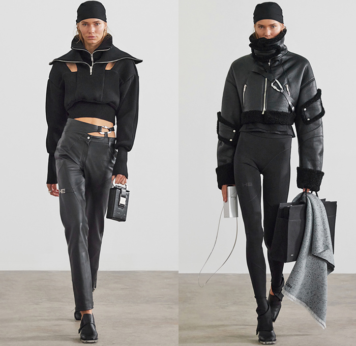 Heliot Emil 2021-2022 Fall Autumn Winter Womens Runway Catwalk Looks - Paris Fashion Week Femme PFW - Unstable Equilibrium - Deconstructed Harness Straps Carabiner Hooks Drawstring Asymmetrical Arm Sleeve Bodycon Dress Bike Cycling Shorts Crop Top Midriff Halterneck Patchwork Blouse Quilted Puffer Vest Pantsuit Leather Coat Blazer Anorak Jacket Miniskirt Cutout Knit Sweater Fur Shearling Tights Leggings Tool Belt Pouch Ear Flaps Field Hat Clutch Handbag Tote Lunch Box Boots