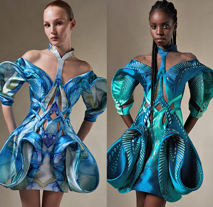 Iris van Herpen 2021-2022 Fall Autumn Winter Womens Lookbook Presentation - Haute Couture Avant Garde High Fashion - Earthrise Flying Skydiving Handcut Spheres Scales Spiral Layers Gradient Trompe L'oeil Sculpture Blue Marble Upcycled Marine Debris Ocean Plastic Fabric Sphaera Mundi Magnetosphere Empyrean Earthgaze Strapless Dress Goddess Gown Sheer Tulle Draped Lasercut Spiral Aerology Onesie Jumpsuit Meteorology Labyrinth Cutout Halterneck Poufy High Shoulders Accordion Pleats Eyewear