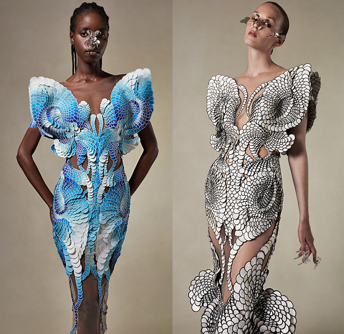 Iris van Herpen 2021-2022 Fall Autumn Winter Womens Lookbook Presentation - Haute Couture Avant Garde High Fashion - Earthrise Flying Skydiving Handcut Spheres Scales Spiral Layers Gradient Trompe L'oeil Sculpture Blue Marble Upcycled Marine Debris Ocean Plastic Fabric Sphaera Mundi Magnetosphere Empyrean Earthgaze Strapless Dress Goddess Gown Sheer Tulle Draped Lasercut Spiral Aerology Onesie Jumpsuit Meteorology Labyrinth Cutout Halterneck Poufy High Shoulders Accordion Pleats Eyewear