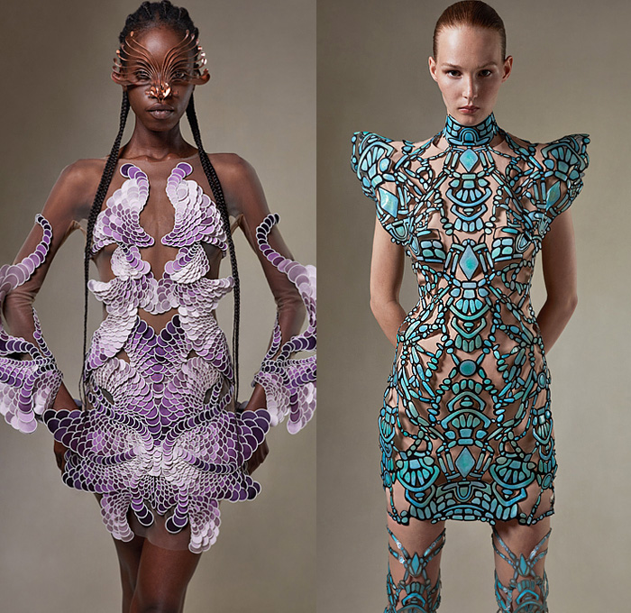 Iris van Herpen 2021-2022 Fall Autumn Winter Womens Lookbook Presentation - Haute Couture Avant Garde High Fashion - Earthrise Flying Skydiving Handcut Spheres Scales Spiral Layers Gradient Trompe L'oeil Sculpture Blue Marble Upcycled Marine Debris Ocean Plastic Fabric Sphaera Mundi Magnetosphere Empyrean Earthgaze Strapless Dress Goddess Gown Sheer Tulle Draped Lasercut Spiral Aerology Onesie Jumpsuit Meteorology Labyrinth Cutout Halterneck Poufy High Shoulders Accordion Pleats Eyewear