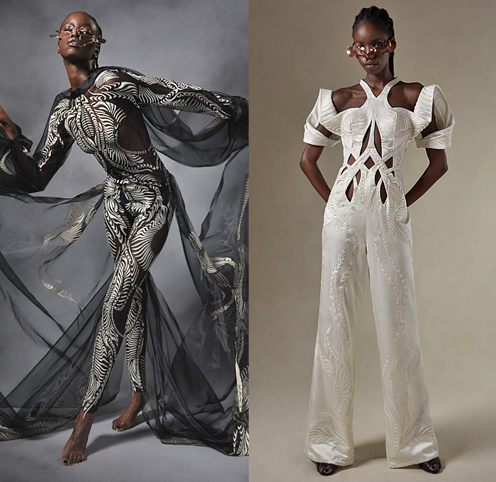 Iris van Herpen 2021-2022 Fall Autumn Winter Womens Lookbook Presentation - Haute Couture Avant Garde High Fashion - Earthrise Flying Skydiving Handcut Spheres Scales Spiral Layers Gradient Trompe L'oeil Sculpture Blue Marble Upcycled Marine Debris Ocean Plastic Fabric Sphaera Mundi Magnetosphere Empyrean Earthgaze Strapless Dress Goddess Gown Sheer Tulle Draped Lasercut Spiral Aerology Onesie Jumpsuit Meteorology Labyrinth Cutout Halterneck Poufy High Shoulders Accordion Pleats Eyewear