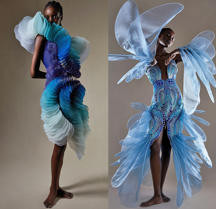 Iris van Herpen 2021-2022 Fall Autumn Winter Womens Lookbook Presentation - Haute Couture Avant Garde High Fashion - Earthrise Flying Skydiving Handcut Spheres Scales Spiral Layers Gradient Trompe L'oeil Sculpture Blue Marble Upcycled Marine Debris Ocean Plastic Fabric Sphaera Mundi Magnetosphere Empyrean Earthgaze Strapless Dress Goddess Gown Sheer Tulle Draped Lasercut Spiral Aerology Onesie Jumpsuit Meteorology Labyrinth Cutout Halterneck Poufy High Shoulders Accordion Pleats Eyewear