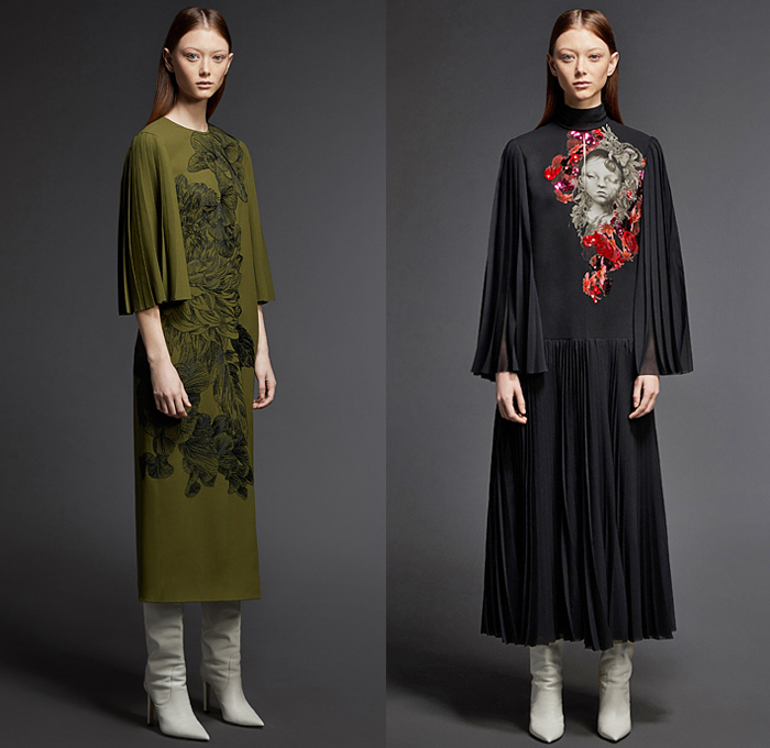 Jason Wu Collection 2021-2022 Fall Autumn Winter Womens Lookbook Presentation - Japanese Pencil Artist Ozabu Portrait Print Florist Emily Thompson Collaboration - Flowers Floral Print Accordion Pleats Pinafore Shift Dress Tiered Ruffles Long Sleeve Blouse Sheer Tulle Wide Sleeves Shirtdress Sleeveless Strapless Gown Puff Ball Oversized Trench Coat Boots