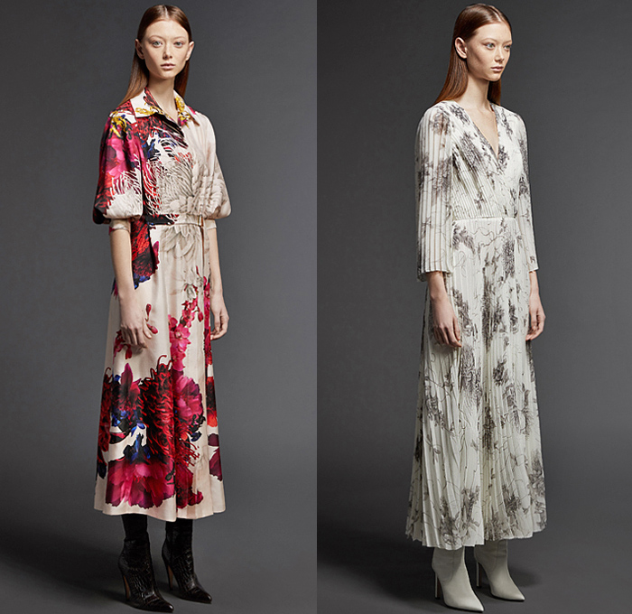 Jason Wu Collection 2021-2022 Fall Autumn Winter Womens Lookbook Presentation - Japanese Pencil Artist Ozabu Portrait Print Florist Emily Thompson Collaboration - Flowers Floral Print Accordion Pleats Pinafore Shift Dress Tiered Ruffles Long Sleeve Blouse Sheer Tulle Wide Sleeves Shirtdress Sleeveless Strapless Gown Puff Ball Oversized Trench Coat Boots