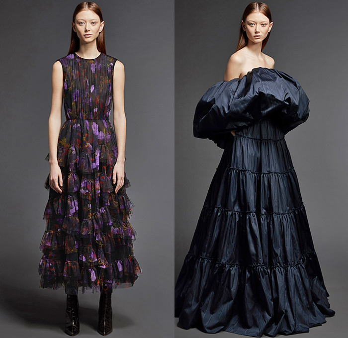 Jason Wu Collection 2021-2022 Fall Autumn Winter Womens Lookbook Presentation - Japanese Pencil Artist Ozabu Portrait Print Florist Emily Thompson Collaboration - Flowers Floral Print Accordion Pleats Pinafore Shift Dress Tiered Ruffles Long Sleeve Blouse Sheer Tulle Wide Sleeves Shirtdress Sleeveless Strapless Gown Puff Ball Oversized Trench Coat Boots