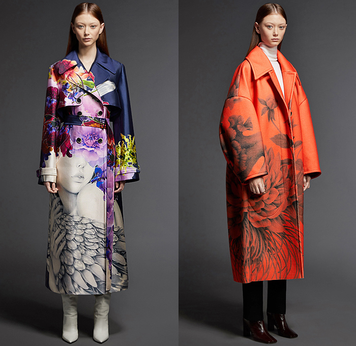 Jason Wu Collection 2021-2022 Fall Autumn Winter Womens Lookbook Presentation - Japanese Pencil Artist Ozabu Portrait Print Florist Emily Thompson Collaboration - Flowers Floral Print Accordion Pleats Pinafore Shift Dress Tiered Ruffles Long Sleeve Blouse Sheer Tulle Wide Sleeves Shirtdress Sleeveless Strapless Gown Puff Ball Oversized Trench Coat Boots