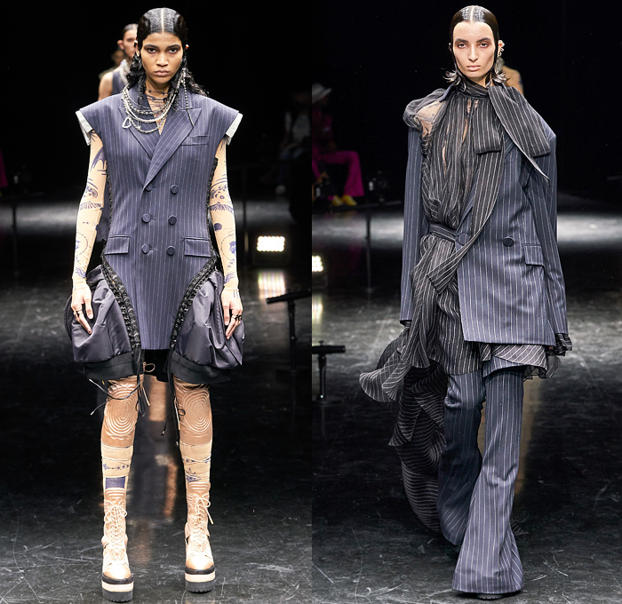 Jean Paul Gaultier 2021-2022 Fall Autumn Winter Womens Runway Looks - Haute Couture High Fashion - Enfants Terribles - Sacai Chitose Abe Collaboration - Chapkas Hat Corset Fur Satin Tulle Deconstructed Hybrid Tattoo Jewellery Denim Jeans Knit Patchwork Cape Stripes Sweater Plaid Check Vest Pinstripe Knee Pads Blazer Flare Safety Pins Metal Studs Shirtdress Conical Bra Trench Dress Strapless Marching Band Motorcycle Biker Bomber Jacket Quilted Puffer Dress Gown Fringes Jogging Suit Boots