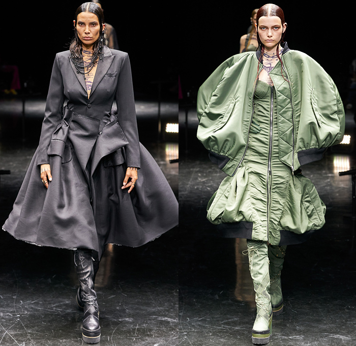 Jean Paul Gaultier 2021-2022 Fall Autumn Winter Womens Runway Looks - Haute Couture High Fashion - Enfants Terribles - Sacai Chitose Abe Collaboration - Chapkas Hat Corset Fur Satin Tulle Deconstructed Hybrid Tattoo Jewellery Denim Jeans Knit Patchwork Cape Stripes Sweater Plaid Check Vest Pinstripe Knee Pads Blazer Flare Safety Pins Metal Studs Shirtdress Conical Bra Trench Dress Strapless Marching Band Motorcycle Biker Bomber Jacket Quilted Puffer Dress Gown Fringes Jogging Suit Boots