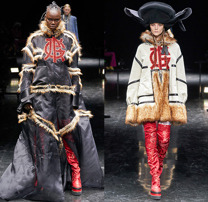 Jean Paul Gaultier 2021-2022 Fall Autumn Winter Womens Runway Looks - Haute Couture High Fashion - Enfants Terribles - Sacai Chitose Abe Collaboration - Chapkas Hat Corset Fur Satin Tulle Deconstructed Hybrid Tattoo Jewellery Denim Jeans Knit Patchwork Cape Stripes Sweater Plaid Check Vest Pinstripe Knee Pads Blazer Flare Safety Pins Metal Studs Shirtdress Conical Bra Trench Dress Strapless Marching Band Motorcycle Biker Bomber Jacket Quilted Puffer Dress Gown Fringes Jogging Suit Boots