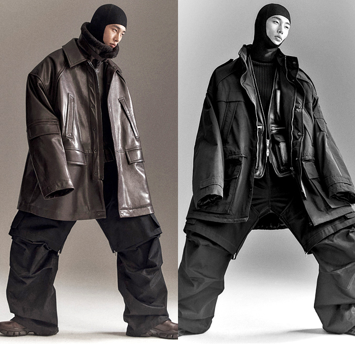 Juun.J 2021-2022 Fall Autumn Winter Mens Lookbook Presentation - Paris Fashion Week Mens Homme Automne Hiver - Military Oversized Leather Coat Outerwear Parka Aviator Bomber Jacket Hoodie Knit Turtleneck Velcro Straps Cargo Utility Pockets Wide Leg Pants Satchel Harness Fanny Pack Pouch Bag Boots