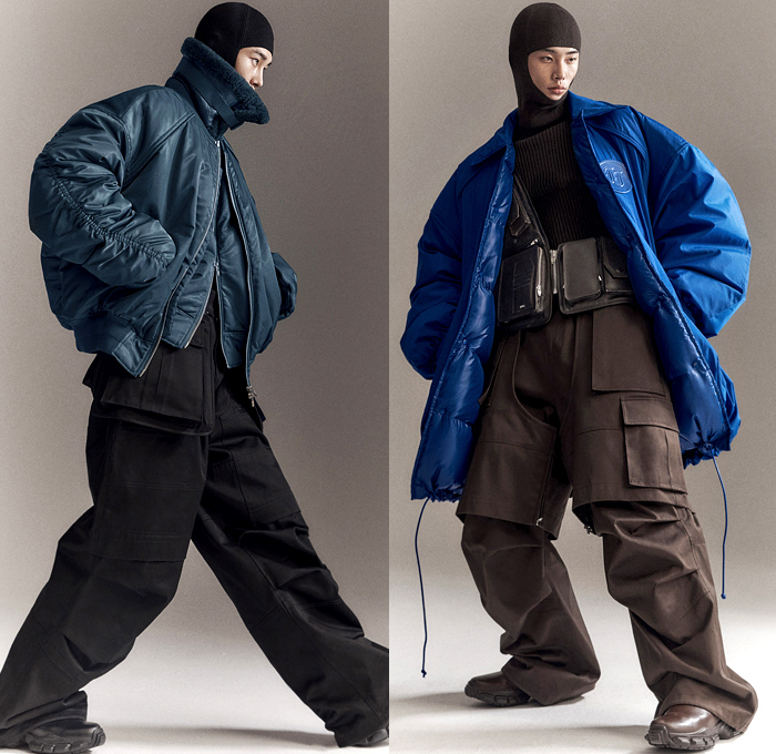 Juun.J 2021-2022 Fall Autumn Winter Mens Lookbook Presentation - Paris Fashion Week Mens Homme Automne Hiver - Military Oversized Leather Coat Outerwear Parka Aviator Bomber Jacket Hoodie Knit Turtleneck Velcro Straps Cargo Utility Pockets Wide Leg Pants Satchel Harness Fanny Pack Pouch Bag Boots