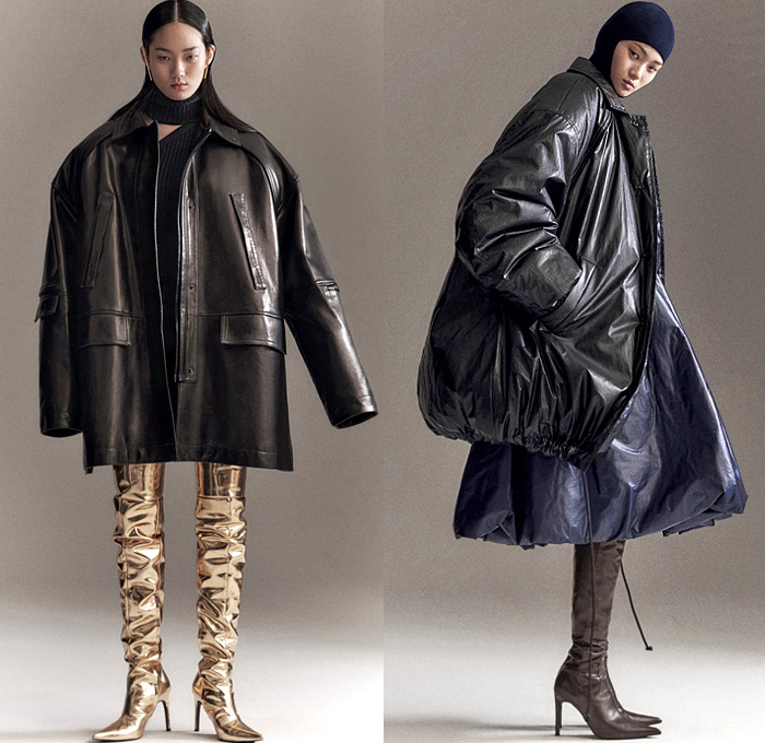 Juun.J 2021-2022 Fall Autumn Winter Womens Lookbook Presentation - Paris Fashion Week Mens Homme Automne Hiver - Military Oversized Leather Coat Outerwear Parka Hoodie Knit Turtleneck Double Breasted Blazer Poufy Shoulders Puff Sleeves Onesie Accordion Pleats Sheer Tulle Poncho A-Line Dress Wide Leg Pants Long Skirt Harness Satchel Bag Fanny Pack Pouch Gold Thigh High Boots