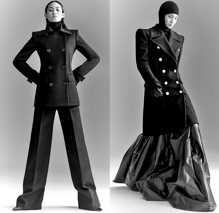 Juun.J 2021-2022 Fall Autumn Winter Womens Lookbook Presentation - Paris Fashion Week Mens Homme Automne Hiver - Military Oversized Leather Coat Outerwear Parka Hoodie Knit Turtleneck Double Breasted Blazer Poufy Shoulders Puff Sleeves Onesie Accordion Pleats Sheer Tulle Poncho A-Line Dress Wide Leg Pants Long Skirt Harness Satchel Bag Fanny Pack Pouch Gold Thigh High Boots