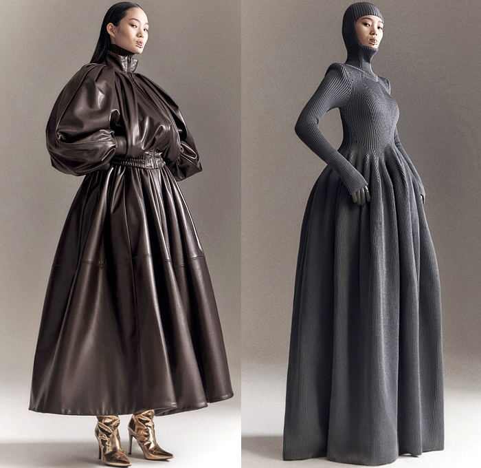 Juun.J 2021-2022 Fall Autumn Winter Womens Lookbook Presentation - Paris Fashion Week Mens Homme Automne Hiver - Military Oversized Leather Coat Outerwear Parka Hoodie Knit Turtleneck Double Breasted Blazer Poufy Shoulders Puff Sleeves Onesie Accordion Pleats Sheer Tulle Poncho A-Line Dress Wide Leg Pants Long Skirt Harness Satchel Bag Fanny Pack Pouch Gold Thigh High Boots