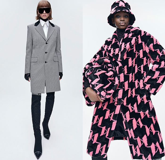 Karl Lagerfeld 2021-2022 Fall Autumn Winter Womens Lookbook Presentation - Paris Fashion Week Femme PFW - Shirtdress Pussycat Bow Gloves Logo Mania Knit Turtleneck Sweater Quilted Puffer Coat Jacket Bedazzled Sequins Embroidery Adorned Party Cocktail Dress Blouse Hat Fur Plush Strong High Shoulders Blazer Velvet Loungewear Tuxedo Wide Leg Stockings Tights High Waist Cuffed Pants Bucket Hat Beads Tote Handbag Boots Sneakers Sunglasses