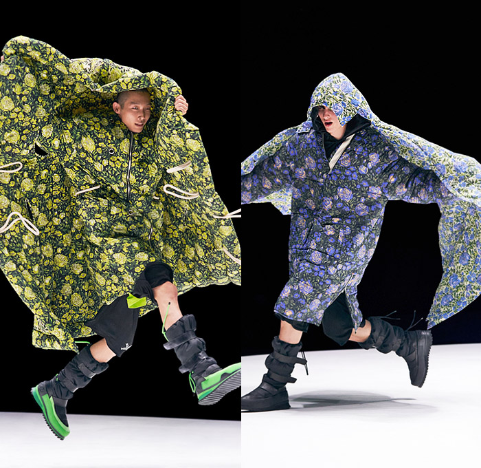 Kenzo 2021-2022 Fall Autumn Winter Mens Runway Looks - Oversized Poncho Outerwear Parka Coat Anorak Drawstring Cinch Flowers Floral Tulips Circus Stripes Birds Landscape Horse Vase Goblets Chain Quilted Puffer Hoodie Cargo Utility Pockets Shirtdress Onesie Djellaba Comforter Extra Sleeve Panel Plaid Check Tartan Face Outline Sweater Frayed Fringes Shawl Scarf Fur Jumpsuit Bib Brace Coveralls Ribbed Knit Shorts Slouchy Parachute Pants Snow Boots