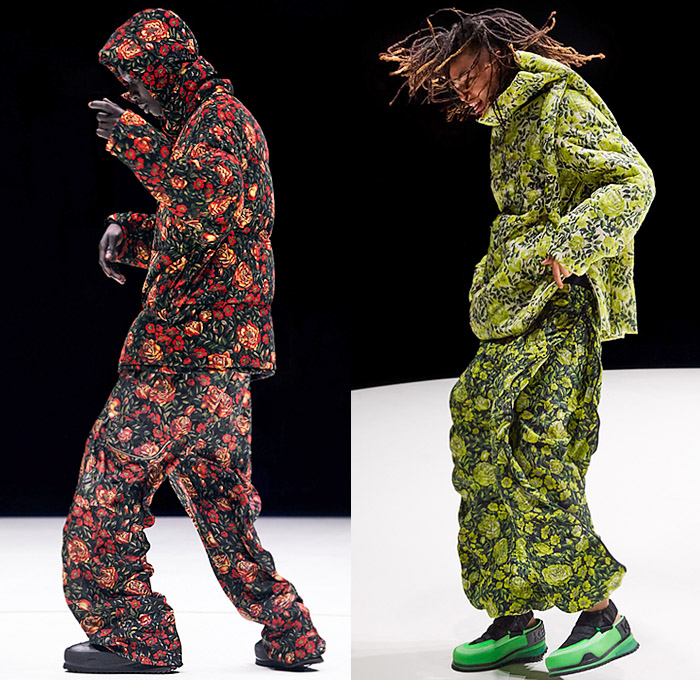 Kenzo 2021-2022 Fall Autumn Winter Mens Runway Looks - Oversized Poncho Outerwear Parka Coat Anorak Drawstring Cinch Flowers Floral Tulips Circus Stripes Birds Landscape Horse Vase Goblets Chain Quilted Puffer Hoodie Cargo Utility Pockets Shirtdress Onesie Djellaba Comforter Extra Sleeve Panel Plaid Check Tartan Face Outline Sweater Frayed Fringes Shawl Scarf Fur Jumpsuit Bib Brace Coveralls Ribbed Knit Shorts Slouchy Parachute Pants Snow Boots