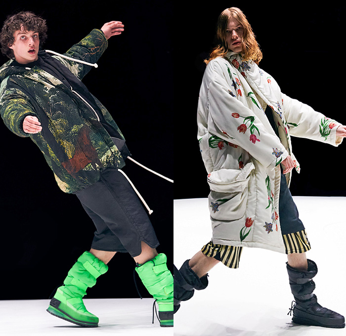 Kenzo 2021-2022 Fall Autumn Winter Mens Runway Looks - Oversized Poncho Outerwear Parka Coat Anorak Drawstring Cinch Flowers Floral Tulips Circus Stripes Birds Landscape Horse Vase Goblets Chain Quilted Puffer Hoodie Cargo Utility Pockets Shirtdress Onesie Djellaba Comforter Extra Sleeve Panel Plaid Check Tartan Face Outline Sweater Frayed Fringes Shawl Scarf Fur Jumpsuit Bib Brace Coveralls Ribbed Knit Shorts Slouchy Parachute Pants Snow Boots