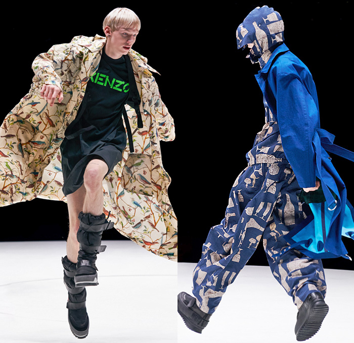 Kenzo 2021-2022 Fall Autumn Winter Mens Runway Looks - Oversized Poncho Outerwear Parka Coat Anorak Drawstring Cinch Flowers Floral Tulips Circus Stripes Birds Landscape Horse Vase Goblets Chain Quilted Puffer Hoodie Cargo Utility Pockets Shirtdress Onesie Djellaba Comforter Extra Sleeve Panel Plaid Check Tartan Face Outline Sweater Frayed Fringes Shawl Scarf Fur Jumpsuit Bib Brace Coveralls Ribbed Knit Shorts Slouchy Parachute Pants Snow Boots