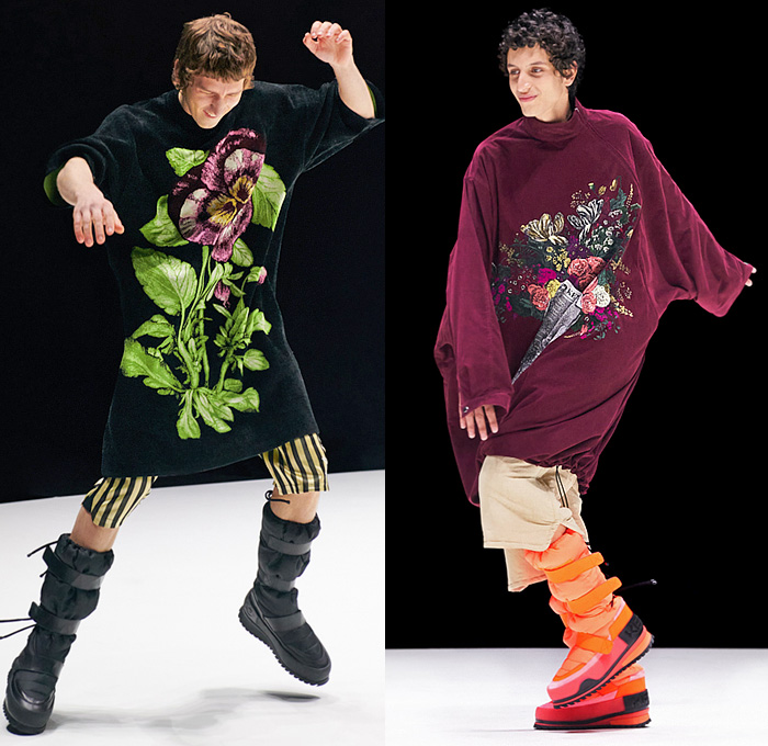 Kenzo 2021-2022 Fall Autumn Winter Mens Runway Looks - Oversized Poncho Outerwear Parka Coat Anorak Drawstring Cinch Flowers Floral Tulips Circus Stripes Birds Landscape Horse Vase Goblets Chain Quilted Puffer Hoodie Cargo Utility Pockets Shirtdress Onesie Djellaba Comforter Extra Sleeve Panel Plaid Check Tartan Face Outline Sweater Frayed Fringes Shawl Scarf Fur Jumpsuit Bib Brace Coveralls Ribbed Knit Shorts Slouchy Parachute Pants Snow Boots