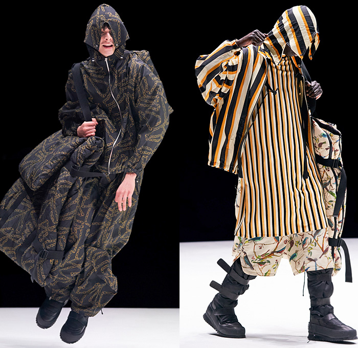 Kenzo 2021-2022 Fall Autumn Winter Mens Runway Looks - Oversized Poncho Outerwear Parka Coat Anorak Drawstring Cinch Flowers Floral Tulips Circus Stripes Birds Landscape Horse Vase Goblets Chain Quilted Puffer Hoodie Cargo Utility Pockets Shirtdress Onesie Djellaba Comforter Extra Sleeve Panel Plaid Check Tartan Face Outline Sweater Frayed Fringes Shawl Scarf Fur Jumpsuit Bib Brace Coveralls Ribbed Knit Shorts Slouchy Parachute Pants Snow Boots