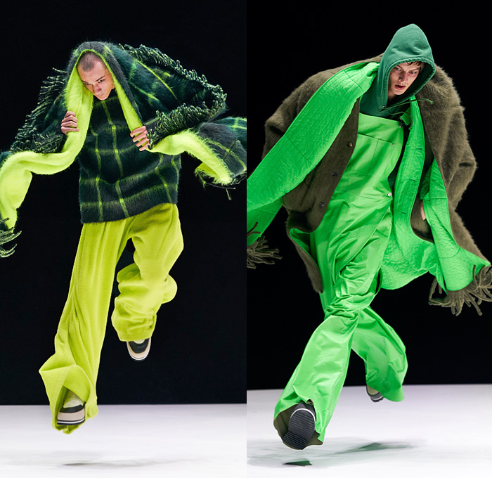 Kenzo 2021-2022 Fall Autumn Winter Mens Runway Looks - Oversized Poncho Outerwear Parka Coat Anorak Drawstring Cinch Flowers Floral Tulips Circus Stripes Birds Landscape Horse Vase Goblets Chain Quilted Puffer Hoodie Cargo Utility Pockets Shirtdress Onesie Djellaba Comforter Extra Sleeve Panel Plaid Check Tartan Face Outline Sweater Frayed Fringes Shawl Scarf Fur Jumpsuit Bib Brace Coveralls Ribbed Knit Shorts Slouchy Parachute Pants Snow Boots