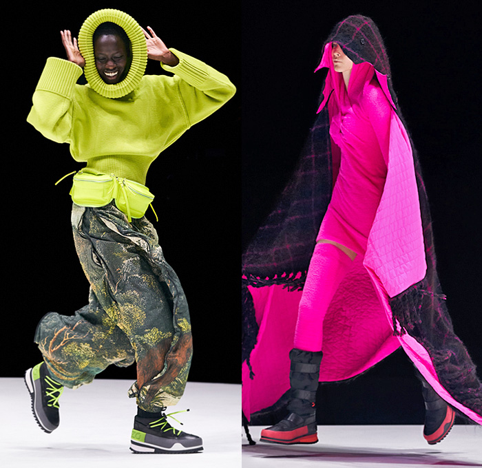 Kenzo 2021-2022 Fall Autumn Winter Womens Runway Looks - Oversized Outerwear Parka Coat Poncho Hoodie Onesie Bodysuit Coveralls Unitard Chains Links Cups Goblets Flowers Floral Birds Branches Landscape Stripes Fur Shearling Leggings Tights Drawstring Knit Sweater Vest Plaid Check Flannel Handkerchief Dress Shawl Fringes Quilted Puffer Tiered Peplum Wool Cargo Pockets Comforter Blanket Boho Fanny Pack Belt Pouch Bum Bag Snow Boots